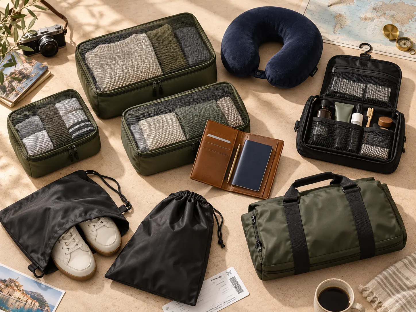 Travel organisers, neck pillow and luggage accessories arranged for a journey