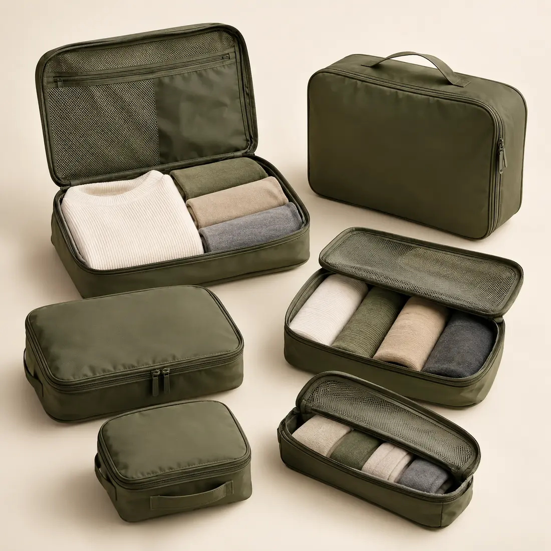 Packing cubes arranged with folded clothing